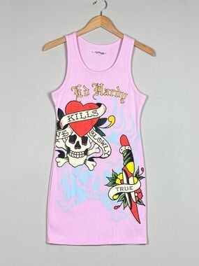 Ed Hardy Love Kills Slowly Pink Skull Tiger Ribbed Tank Mini Dress L Y2K